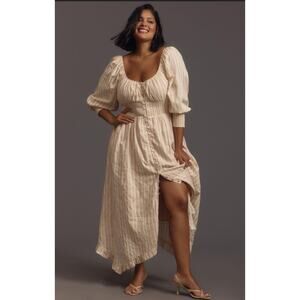 Anthropologie Cream Stripe Puff-Sleeve Mini Dress